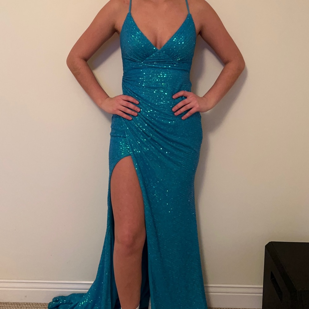 La Femme Turquoise Prom Dress